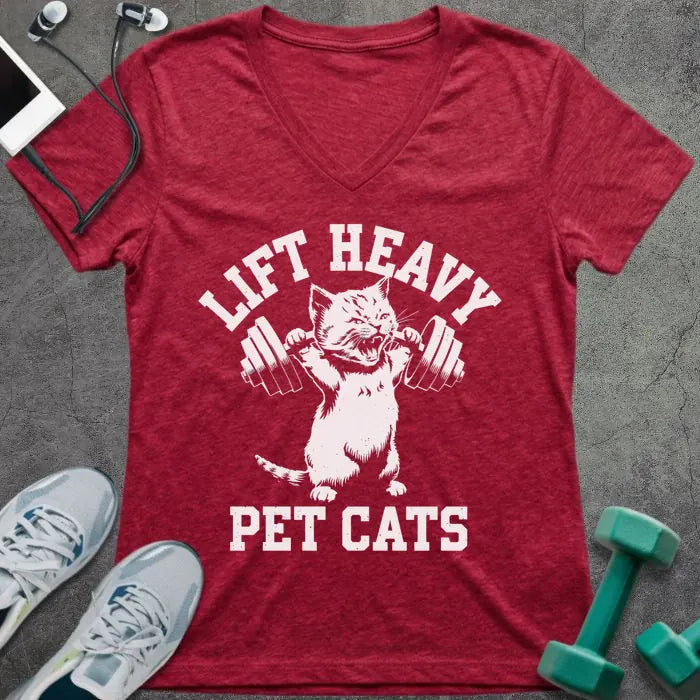 Heather red t-shirt printed with "Lift Heavy Pet Cats" in white, with cat holding dumbbell graphic