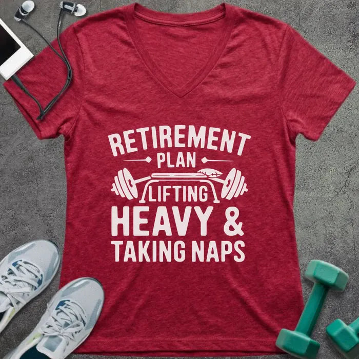 Heather red t-shirt printed with "Retirement Plan: Lifting Heavy & Taking Naps" in white, with a barbell graphic