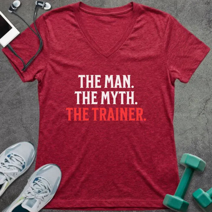 Heather red t-shirt printed with "The Man. the Myth. the Trainer." in red and white