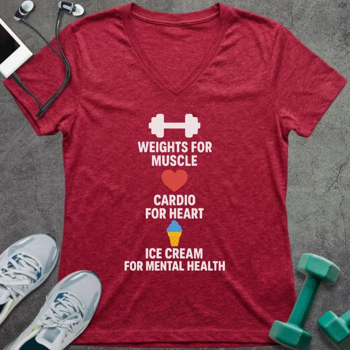 Heather red t-shirt printed with "Weights for Muscle Cardio for Heart Ice Cream for Mental Health" in white, red, blue, yellow, with a dumbbell, heart, and ice cream cone icon between lines