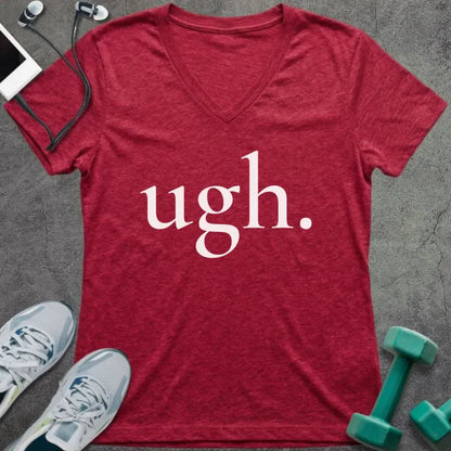 Heather red t-shirt printed with "ugh."