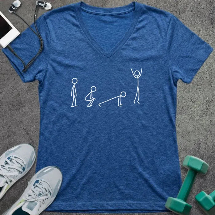 Heather true royal t-shirt with white stick figures showing the stages of a burpee
