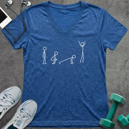 Heather true royal t-shirt with white stick figures showing the stages of a burpee