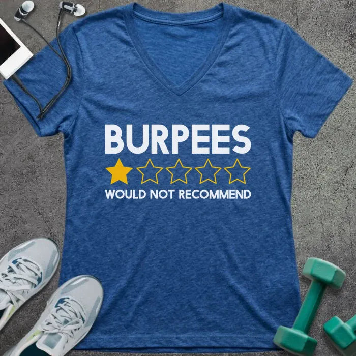 Heather true royal t-shirt printed with "Burpees Would Not Recommend" in yellow, white, with a one-star out of five star rating icon