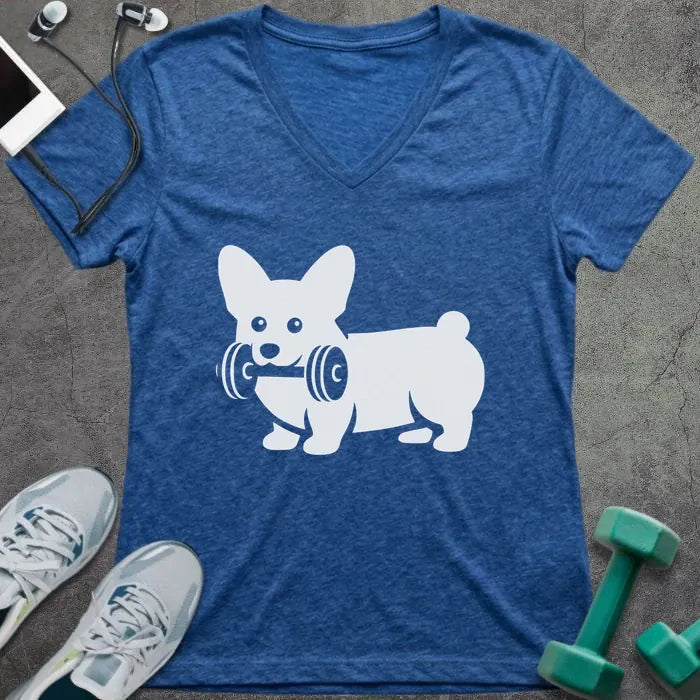 Heather true royal t-shirt with a corgi holding a dumbbell