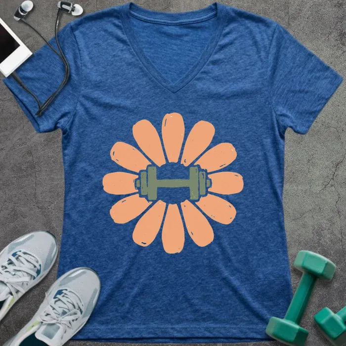 T-Shirt Heather True Royal / S Dumbbell Flower V-Neck