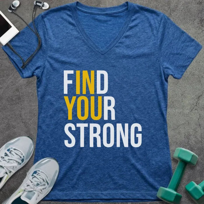 Heather true royal t-shirt printed with "Find Your Strong" in yellow and white