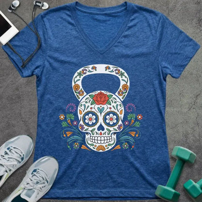 Heather true royal t-shirt with a decorative skull kettlebell design in multicolor