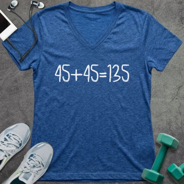 Heather true royal t-shirt printed with "45+45 135"
