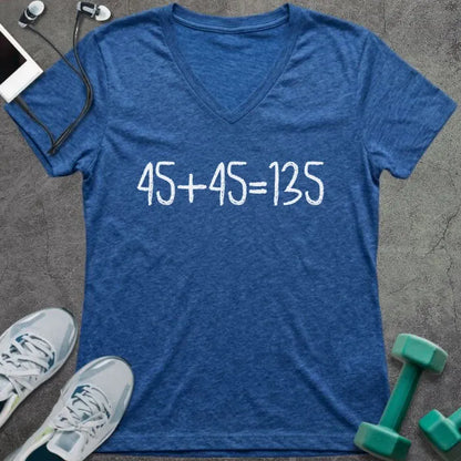 Heather true royal t-shirt printed with "45+45 135"