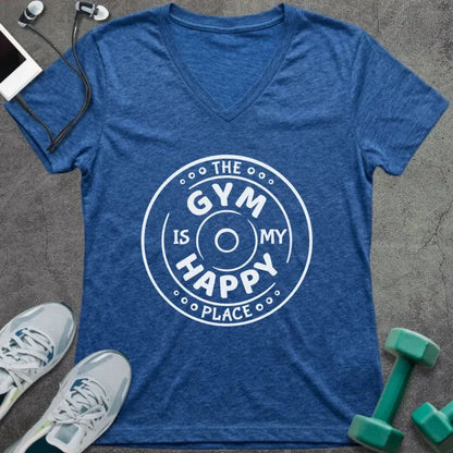 Heather true royal t-shirt printed with "The Gym is my Happy Place" in white, with a dumbbell inside a circle design