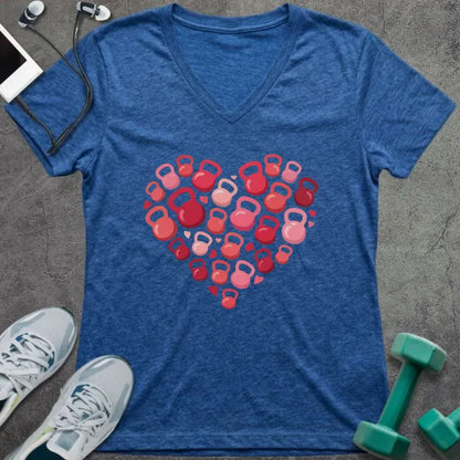 Heather true royal t-shirt with kettlebells arranged in a heart shape in pink and red