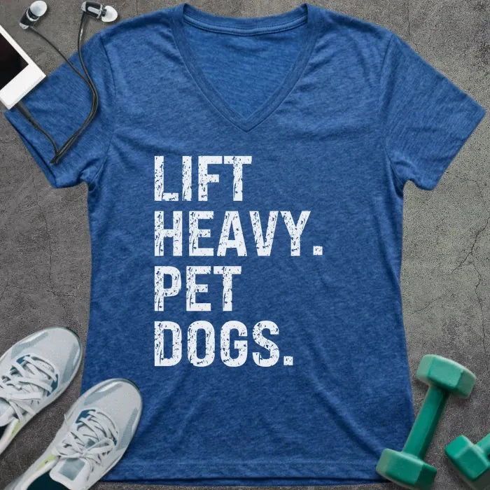 Heather true royal t-shirt printed with "Lift Heavy. Pet Dogs."