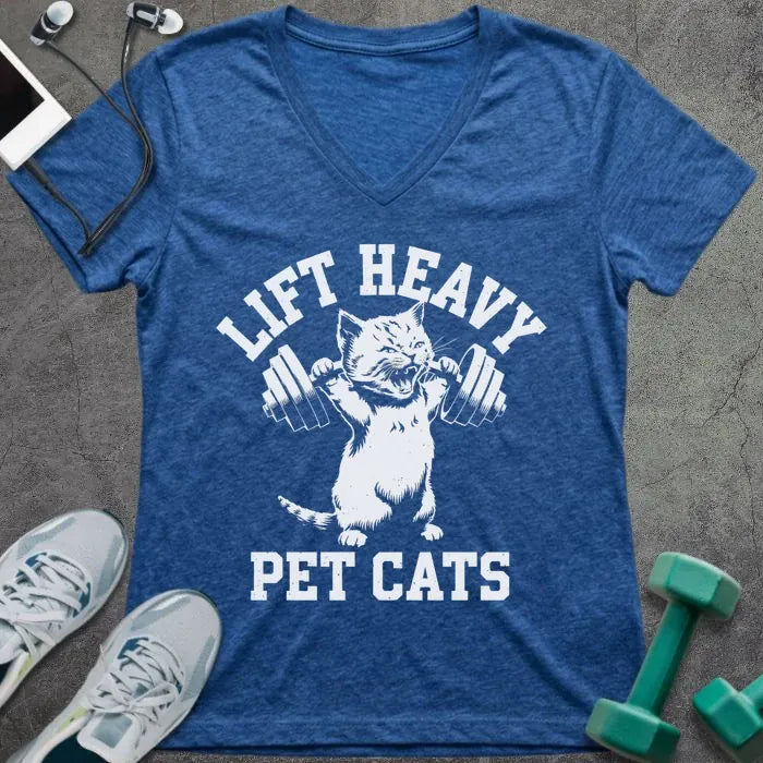 Heather true royal t-shirt printed with "Lift Heavy Pet Cats" in white, with cat holding dumbbell graphic