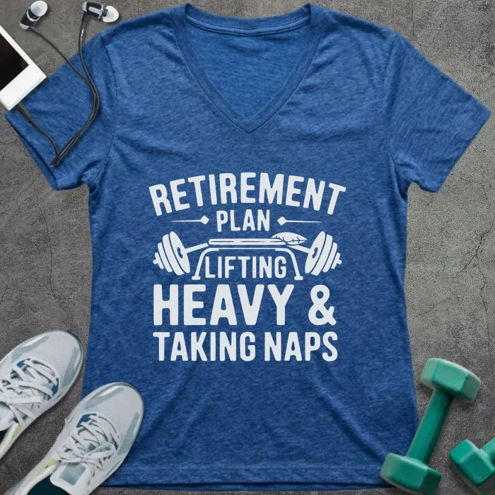 Heather true royal t-shirt printed with "Retirement Plan: Lifting Heavy & Taking Naps" in white, with a barbell graphic