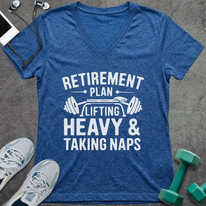 Heather true royal t-shirt printed with "Retirement Plan: Lifting Heavy & Taking Naps" in white, with a barbell graphic
