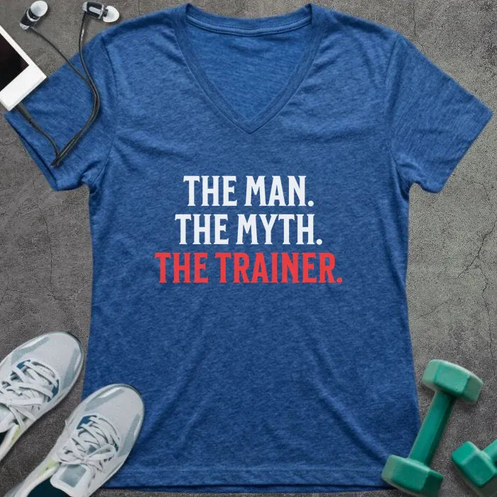 Heather true royal t-shirt printed with "The Man. the Myth. the Trainer." in red and white