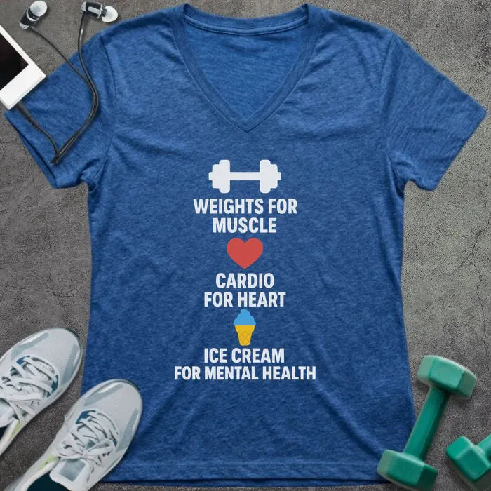 Heather true royal t-shirt printed with "Weights for Muscle Cardio for Heart Ice Cream for Mental Health" in white, red, blue, yellow, with a dumbbell, heart, and ice cream cone icon between lines