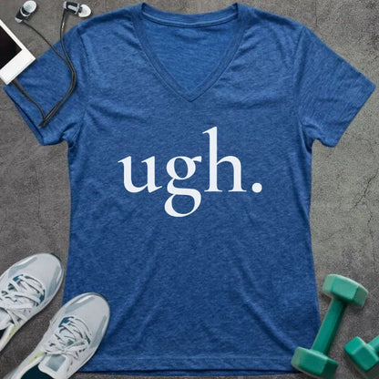 Heather true royal t-shirt printed with "ugh."