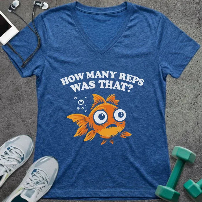 Heather true royal t-shirt printed with "How Many Reps Was That?", with an illustration of a wide-eyed goldfish and bubbles