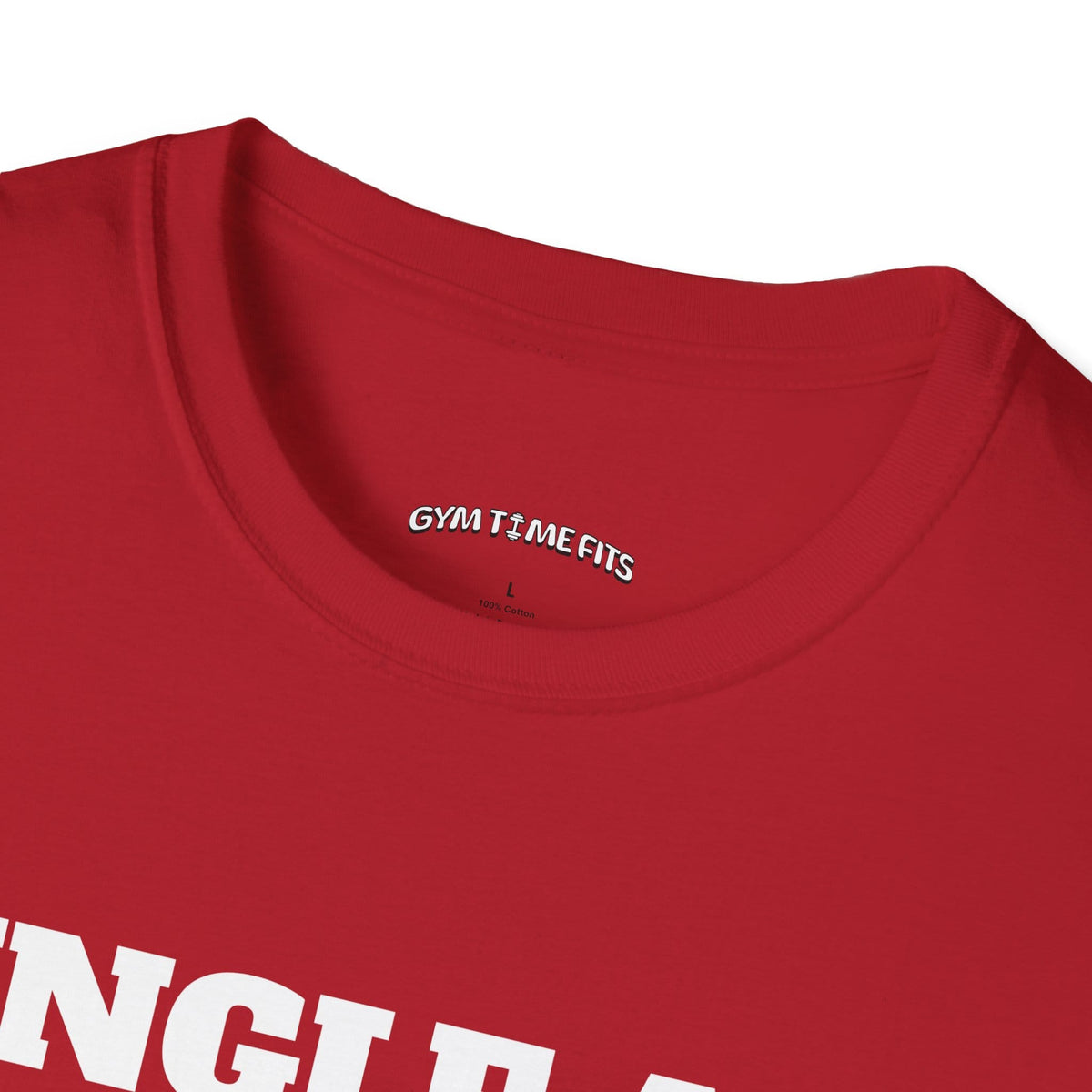 Close-up of the cherry red t-shirt collar with the Gym Time Fits neck label