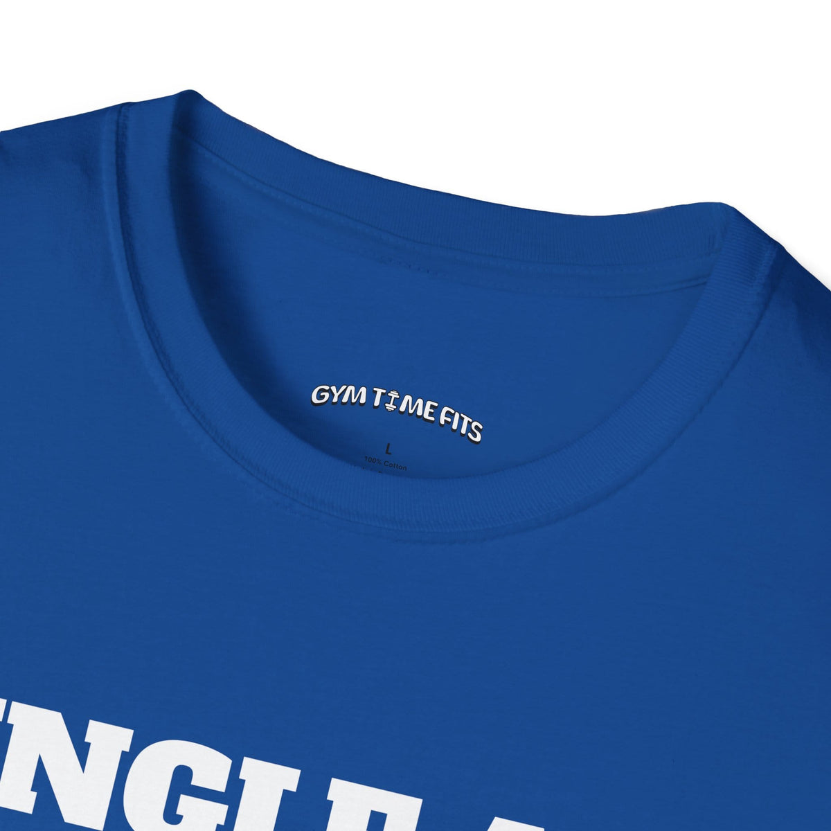 Close-up of the royal blue t-shirt collar with the Gym Time Fits neck label