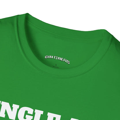Close-up of the Irish green t-shirt collar with the Gym Time Fits neck label