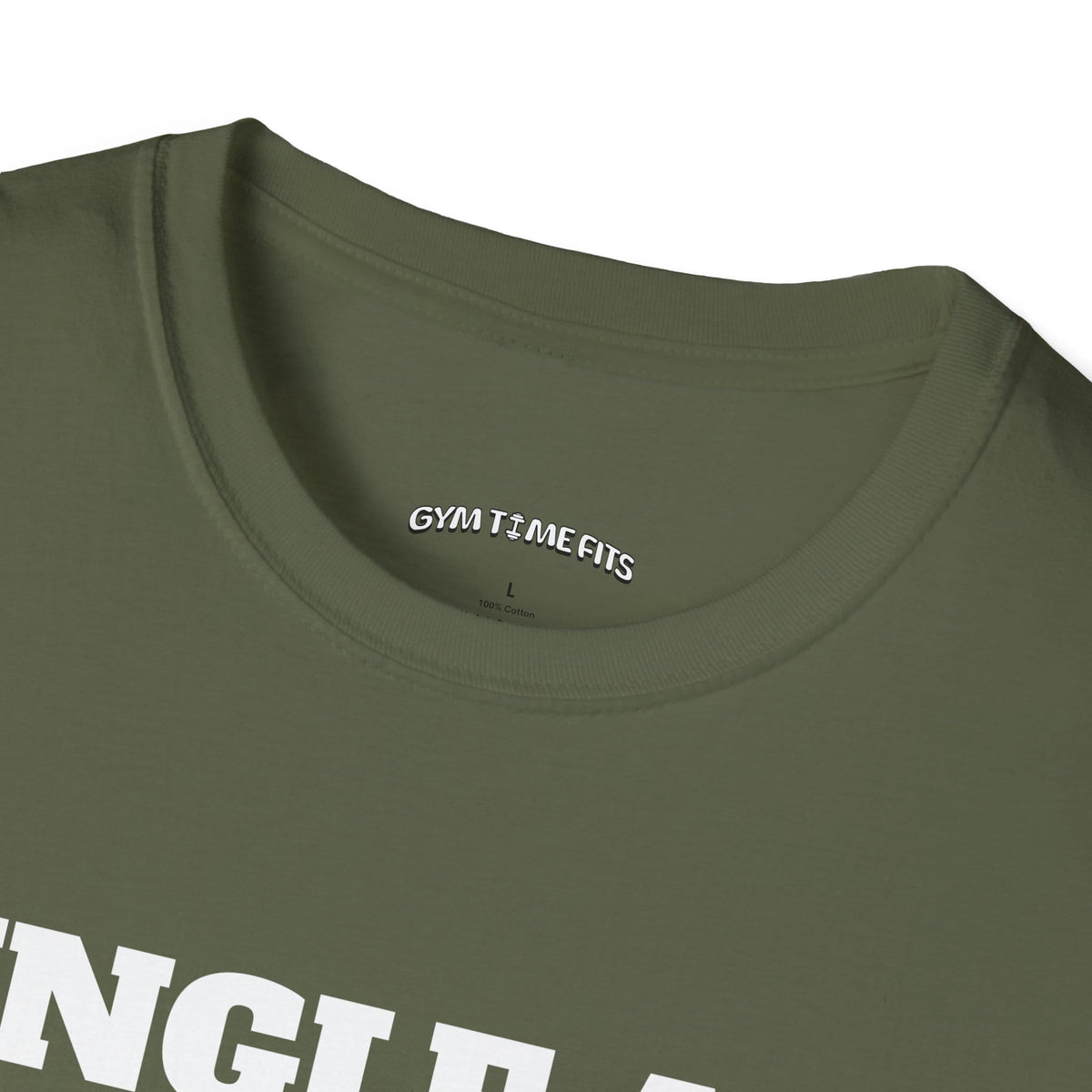 Close-up of the military green t-shirt collar with the Gym Time Fits neck label