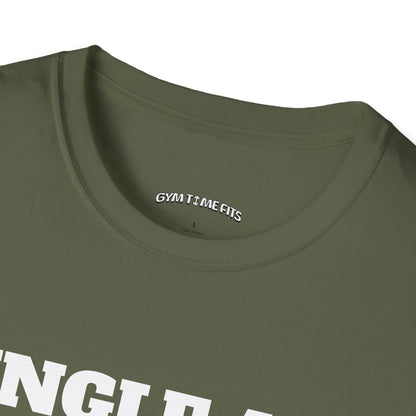 Close-up of the military green t-shirt collar with the Gym Time Fits neck label