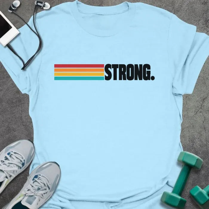 Light blue t-shirt printed with "STRONG." in black, with retro red, orange, yellow and teal stripes