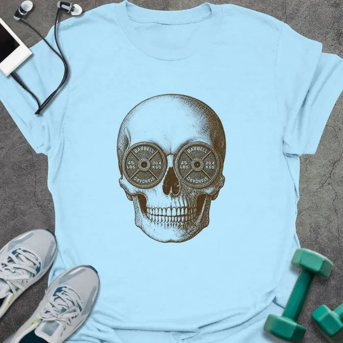 Light Blue t-shirt with Skull illustration with barbell weights as eye sockets, in brown sepia-tone engraving style