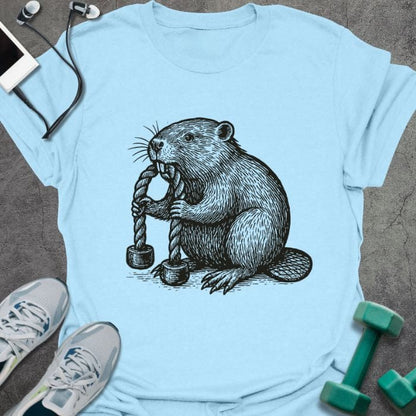 Light blue t-shirt with beaver chewing wood