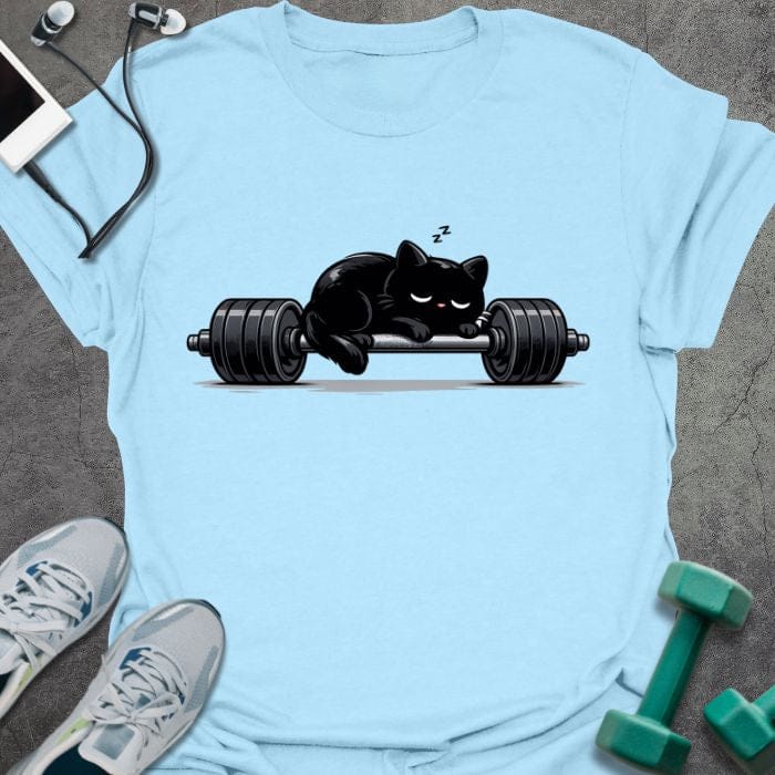 Light blue t-shirt with an illustration of a black cat sleeping on a barbell in black