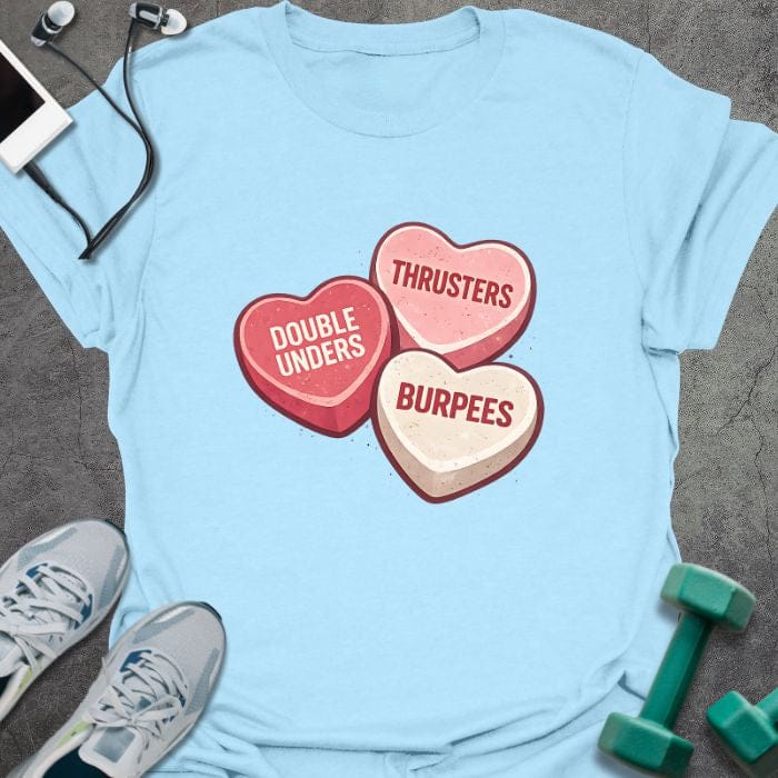 Light blue t-shirt printed with "Double Unders Thrusters Burpees" in red, pink, cream, with three candy hearts in red, pink, and cream