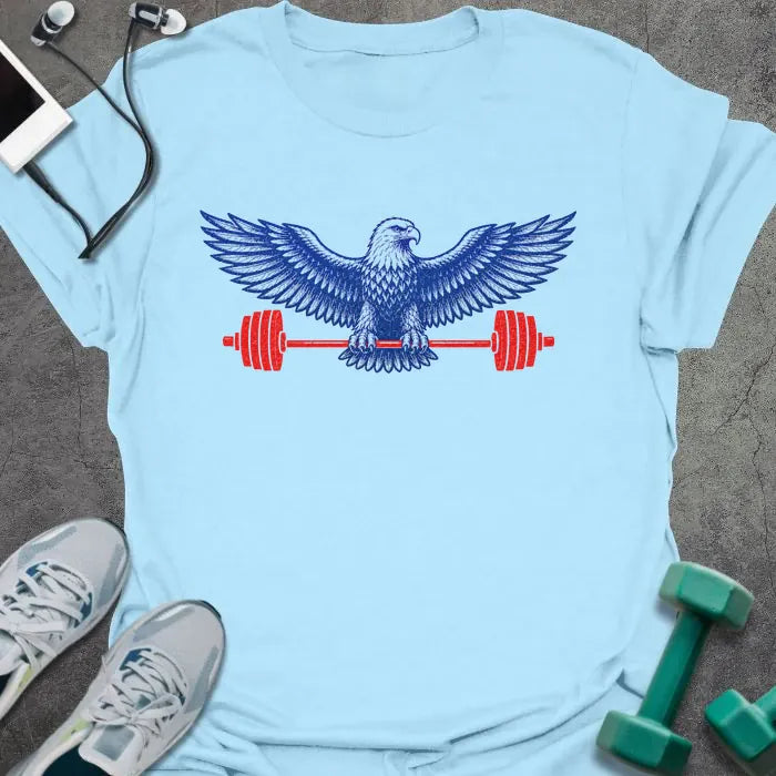 Light blue t-shirt with an eagle holding a barbell in blue and red