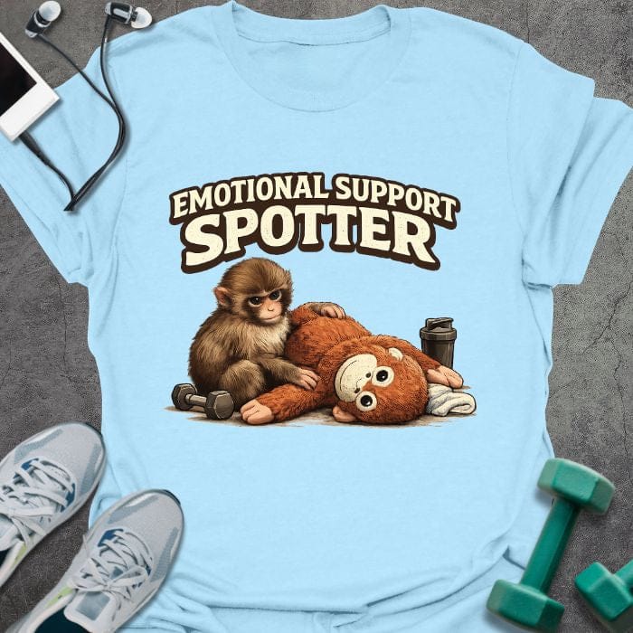 Light blue t-shirt printed with "Emotional Support Spotter", with illustration of monkey and teddy bear