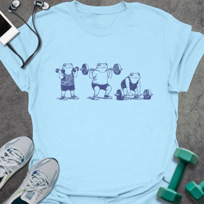 Light blue t-shirt with an illustration of three people lifting dumbbells in blue