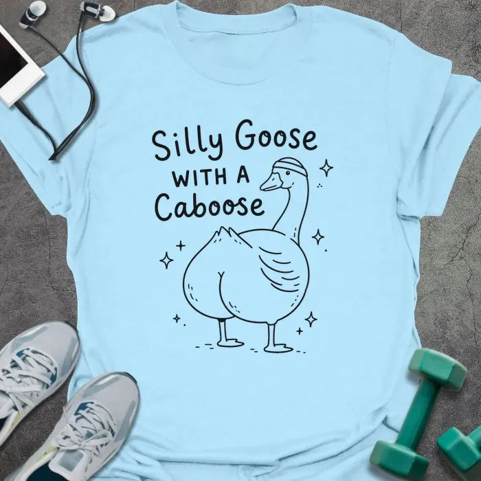 Light Blue t-shirt printed with "Silly Goose WITH A Caboose" in black, with goose with sparkles