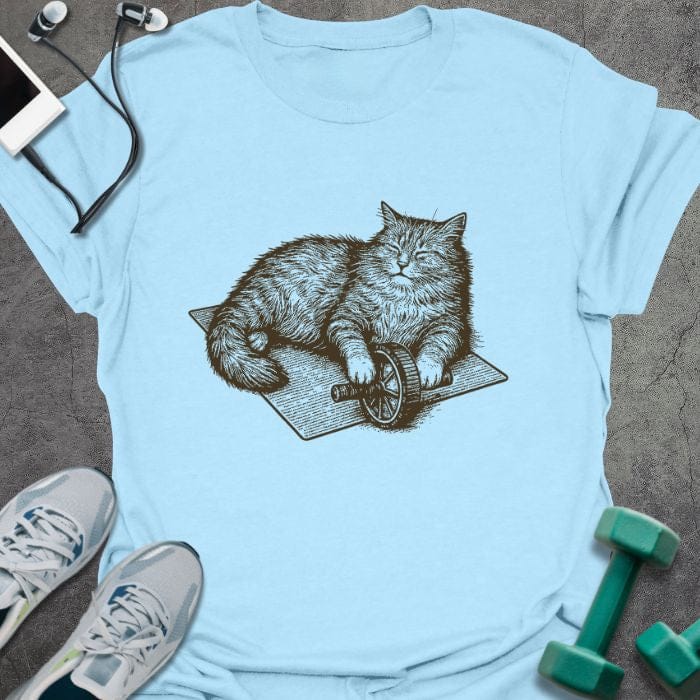 Light blue t-shirt with cat on exercise wheel