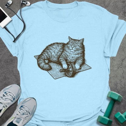 Light blue t-shirt with cat on exercise wheel