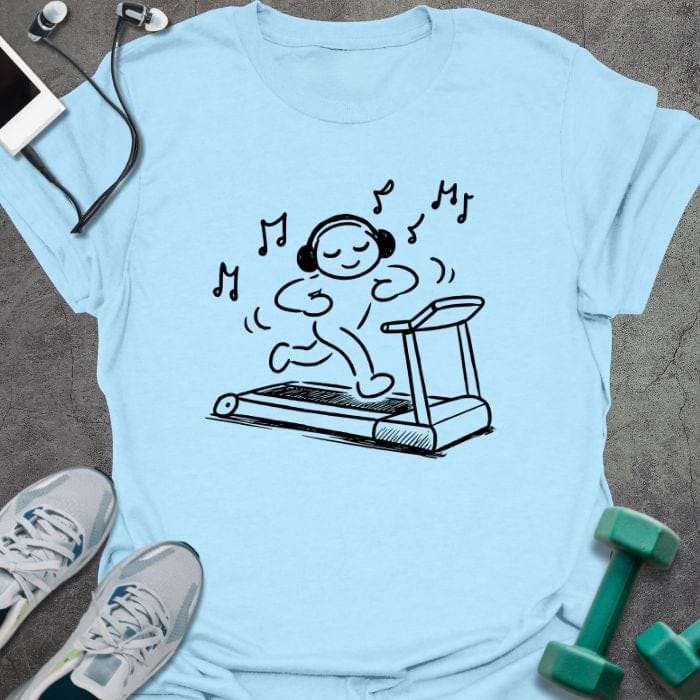 Light blue t-shirt with stick figure on treadmill with headphones