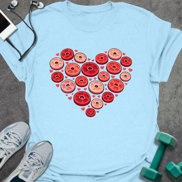 Light blue t-shirt with weight plates arranged in a heart shape in red, tan, pink, white