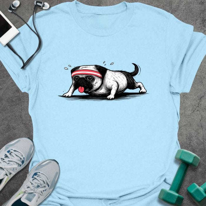 Light blue t-shirt with pug doing planks