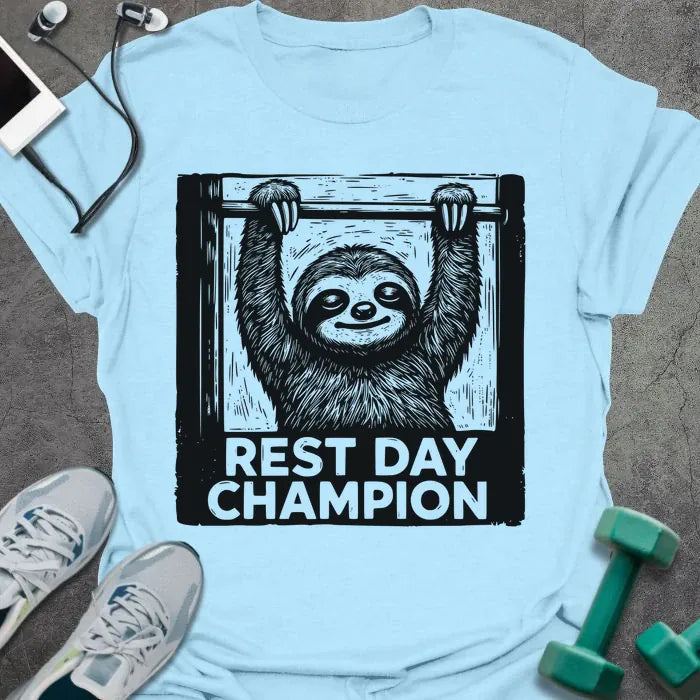 Light blue t-shirt printed with "Rest Day Champion" in black and white, with sloth graphic in frame