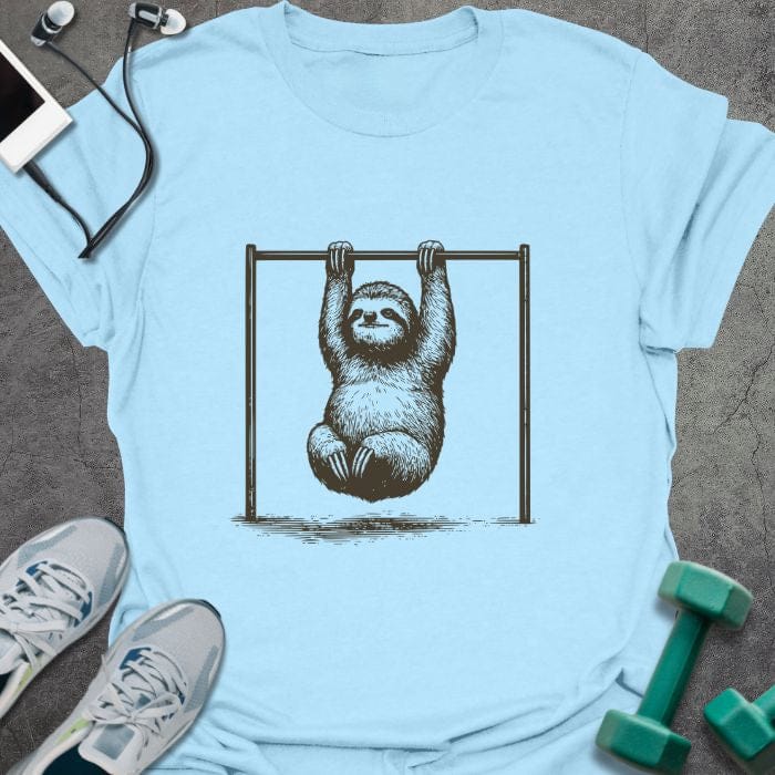 Light blue t-shirt with sloth hanging from bar
