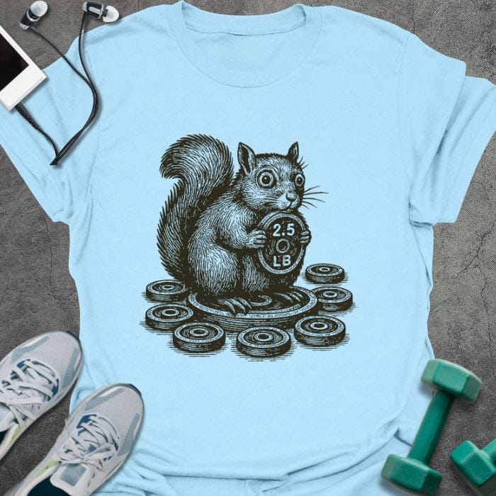 Light blue t-shirt with squirrel holding dumbbells surrounded by weights