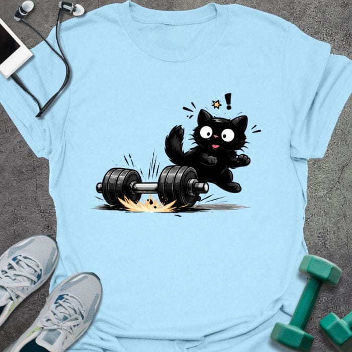 Light blue t-shirt with an illustration of a surprised black cat and dumbbells in black