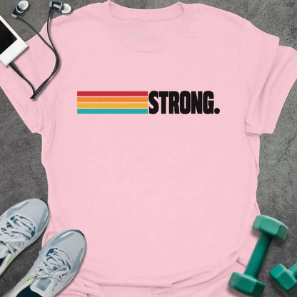 Light pink t-shirt printed with "STRONG." in black, with retro red, orange, yellow and teal stripes