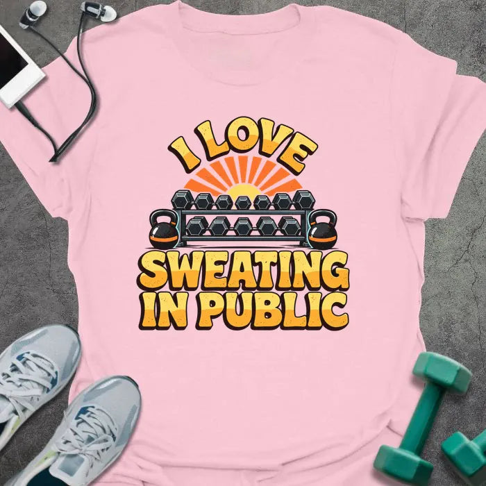 Light pink t-shirt printed with "I LOVE SWEATING IN PUBLIC" in yellow and orange, with a dumbbell rack, kettlebells and a retro sunset