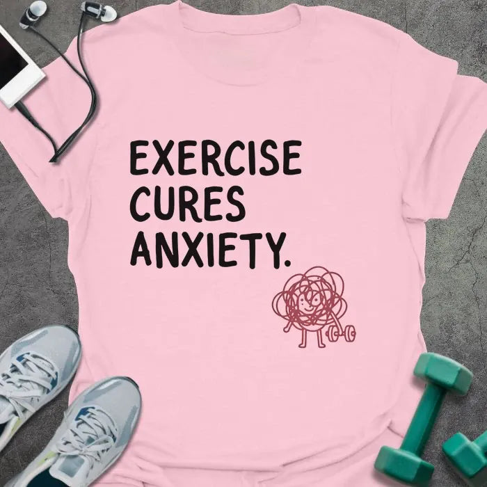 Light pink t-shirt printed with "Exercise Cures Anxiety." in red, with a tangled ball figure